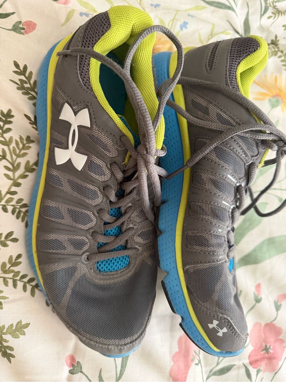 Under Armour Kids Gray, Blue & Neon Green Athletic Sneakers, Size 5Y
